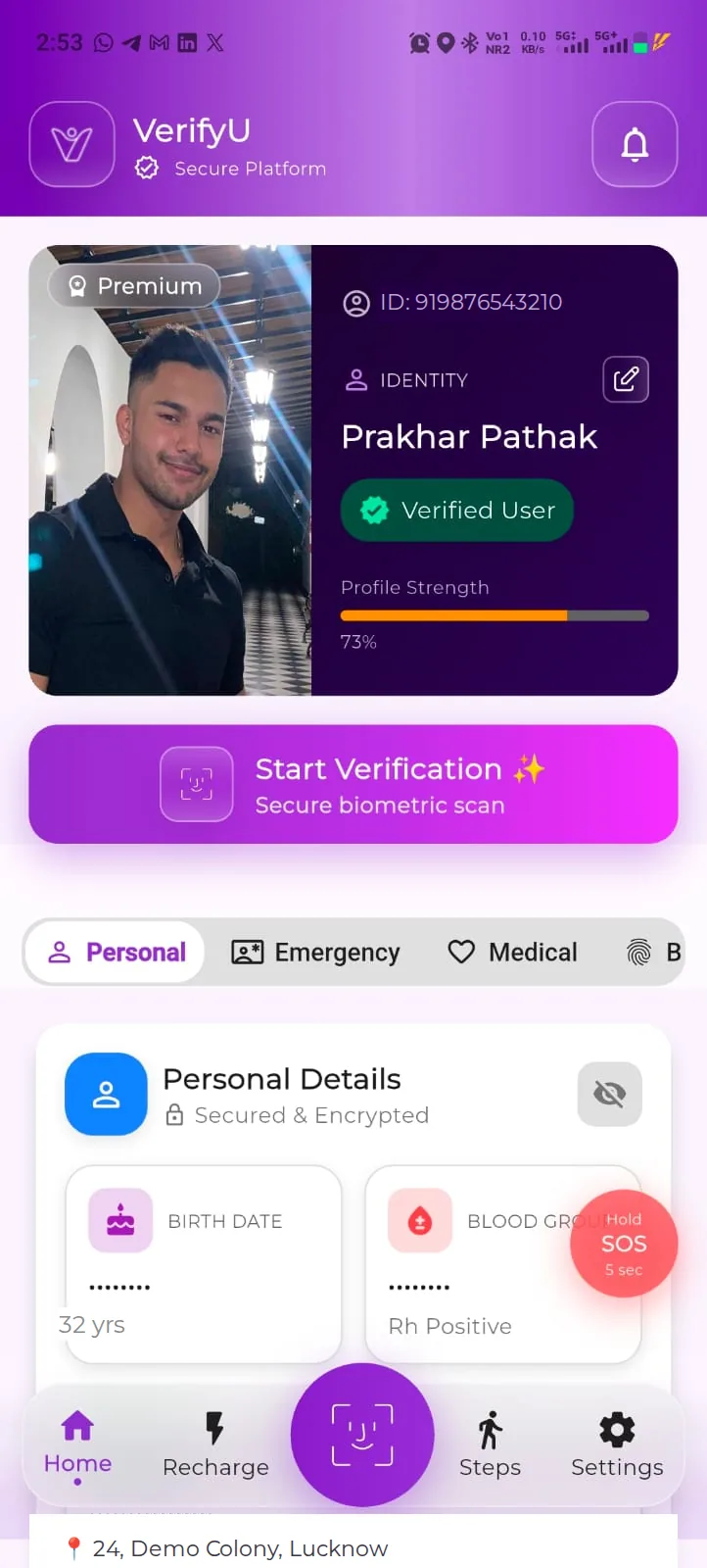VerifyU identity dashboard screen with a demo profile