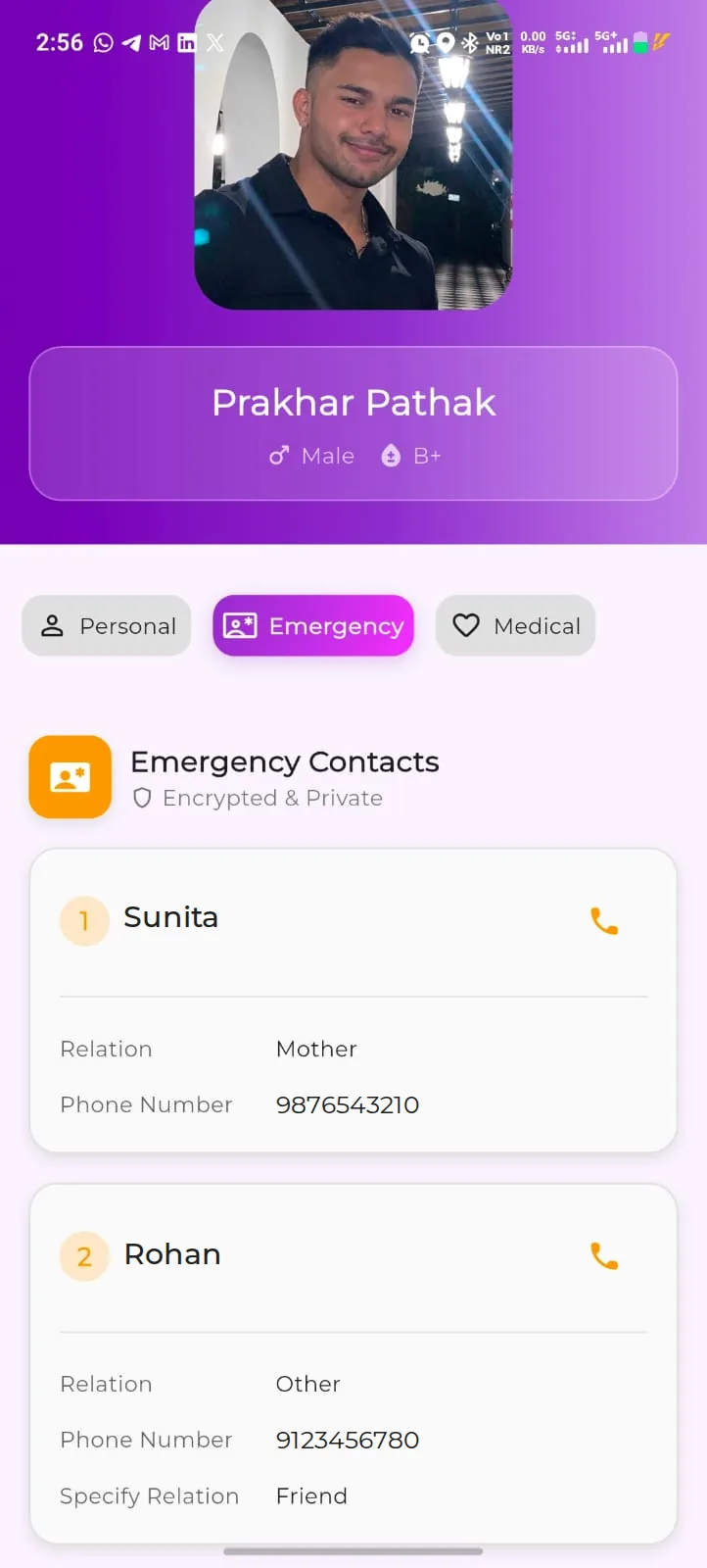 Verified profile Emergency tab listing two emergency contacts with relation, phone number and a call button