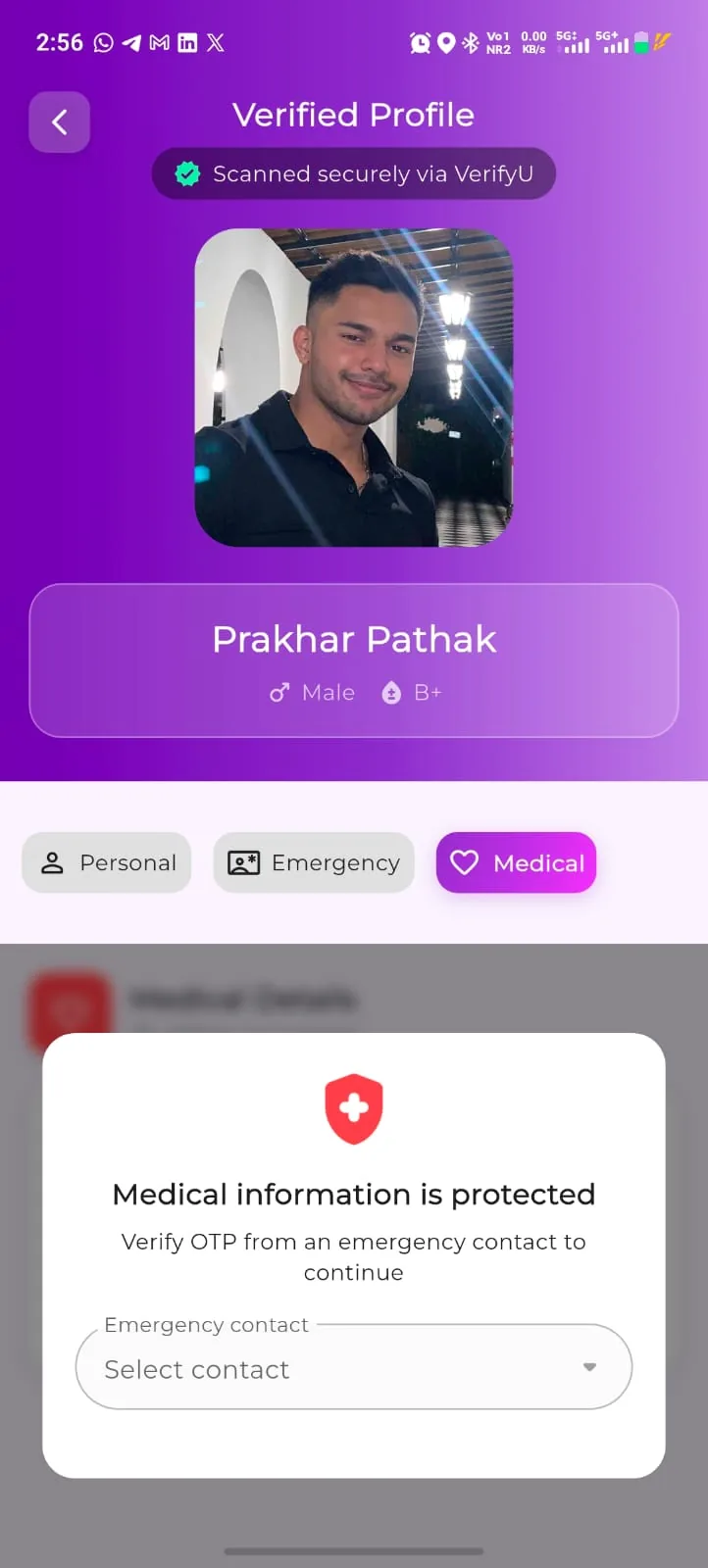Verified profile Medical tab with a prompt to verify an OTP from an emergency contact before medical information is shown