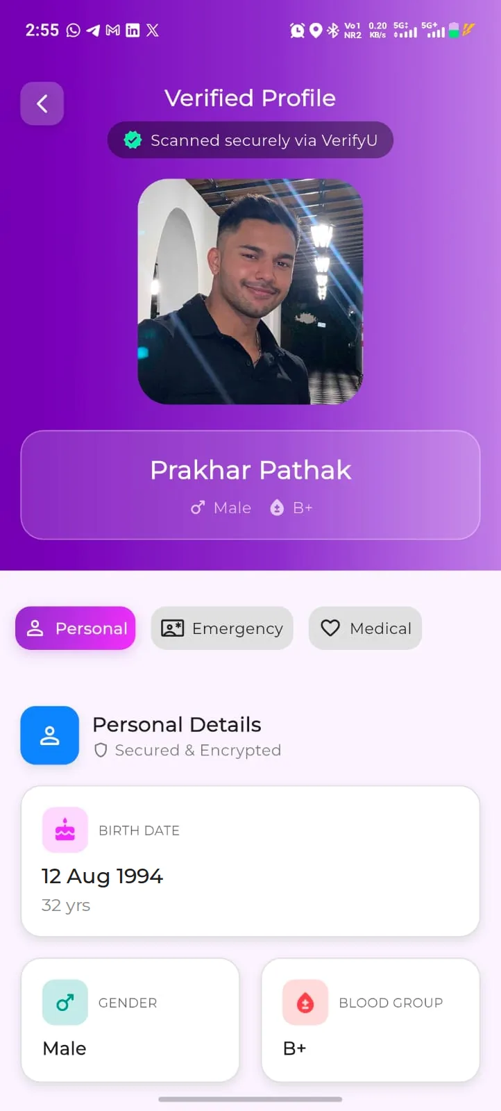 Verified profile with photo, name, gender and blood group