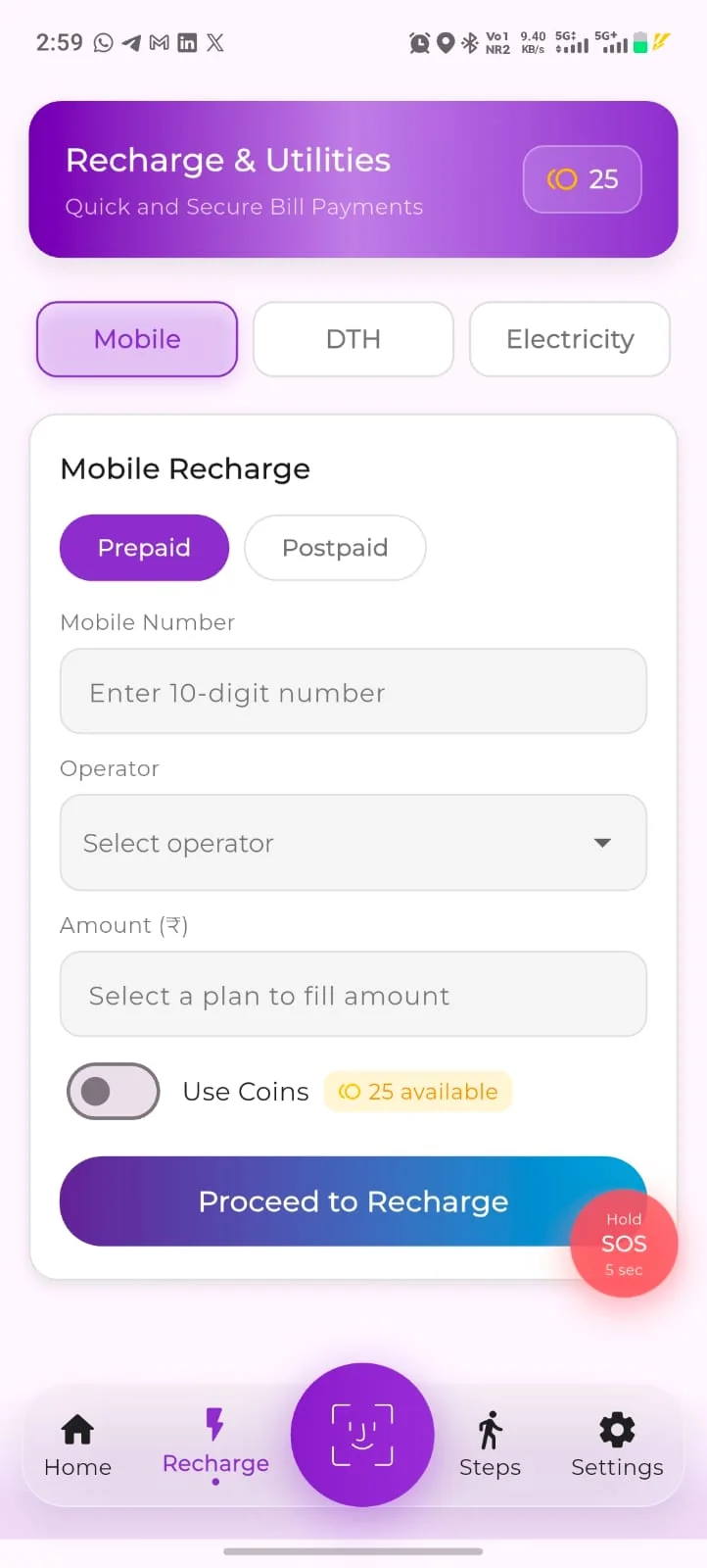 VerifyU Recharge and Utilities screen with a Use Coins toggle