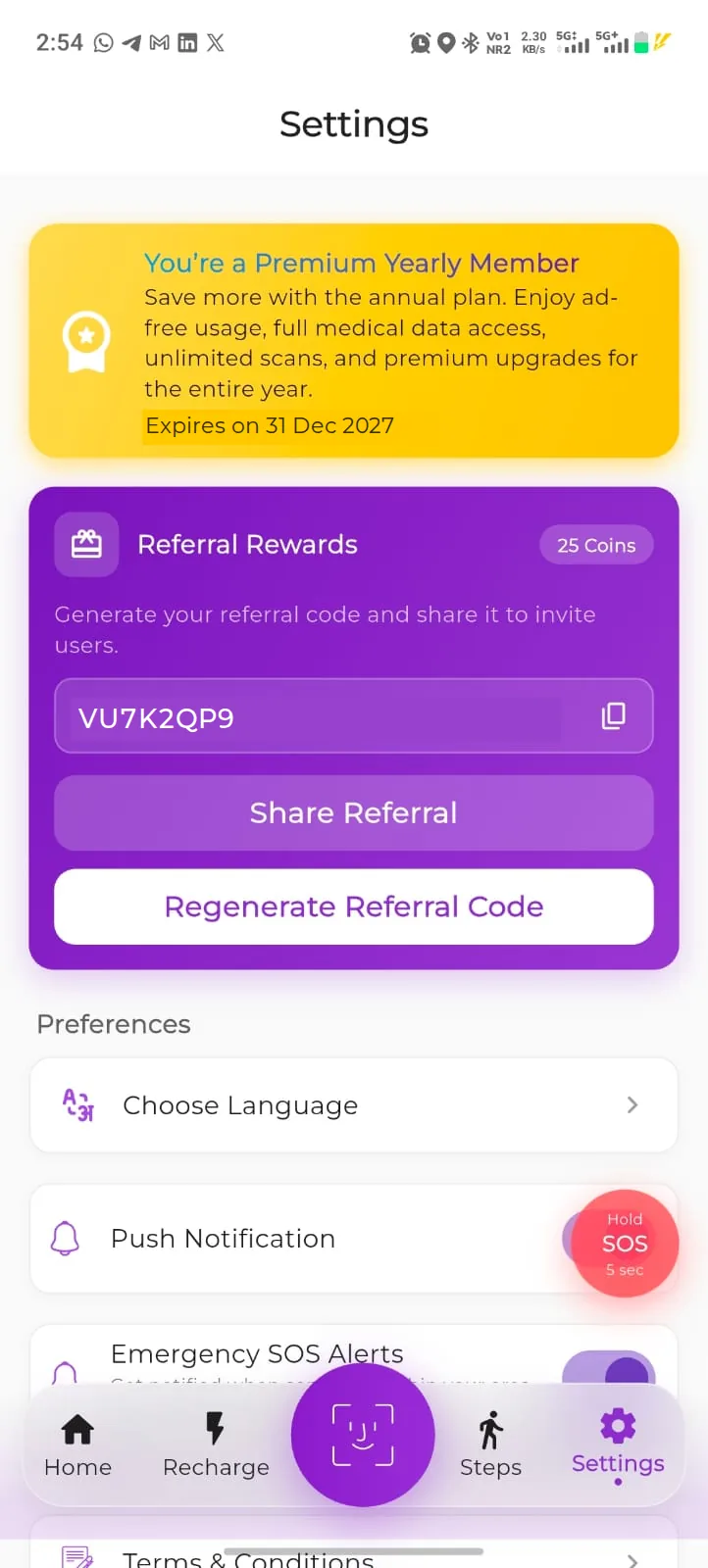 Settings with referral rewards