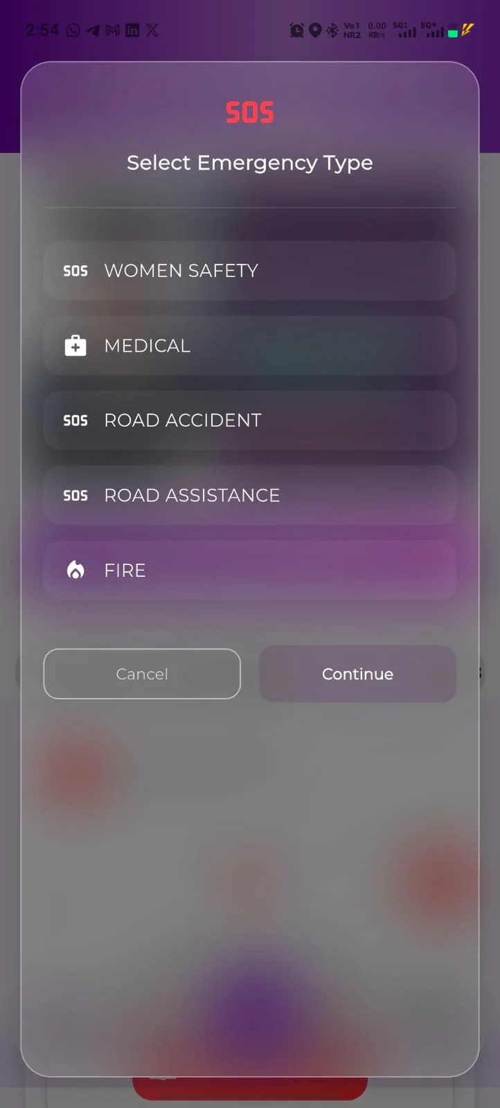 VerifyU SOS screen listing the emergency types: Women Safety, Medical, Road Accident, Road Assistance and Fire