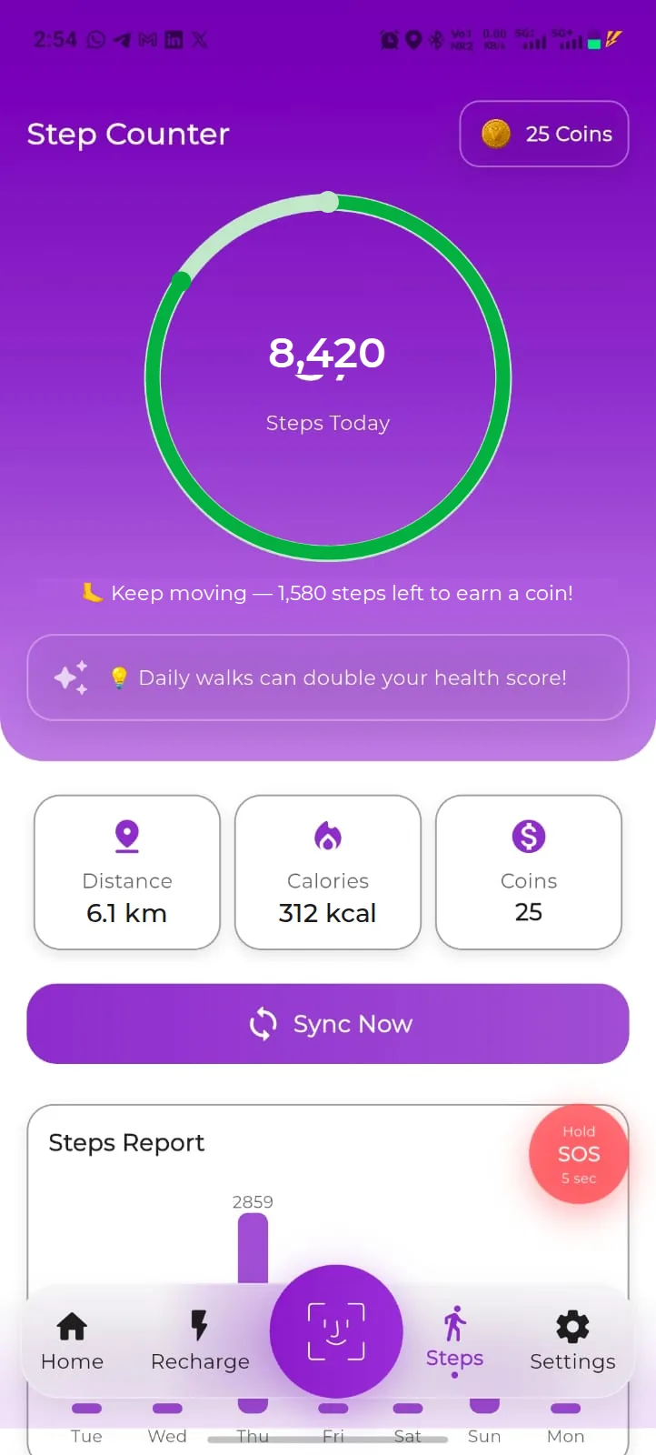Step Counter with today’s steps and coins