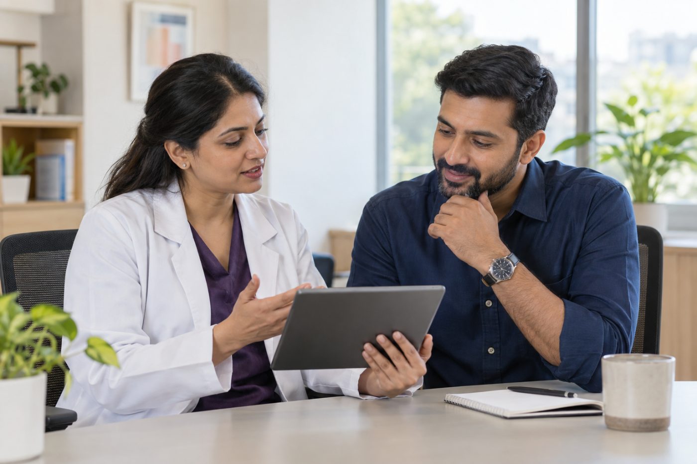 A doctor and a man reviewing information together on a tablet