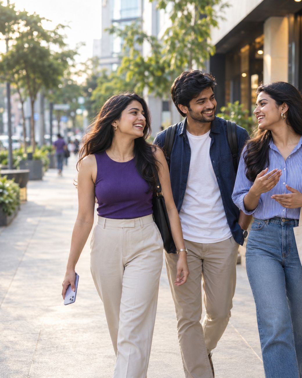 Three friends walking together on a city street